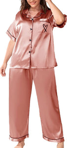 Casual Dusty Pink Satin 2 Piece Button Down Plus Size Sleepwear