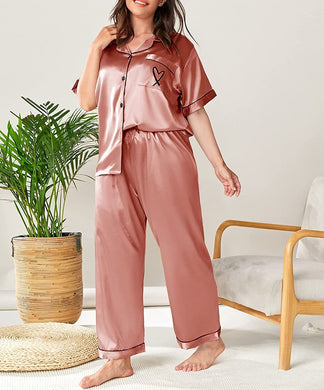 Casual Dusty Pink Satin 2 Piece Button Down Plus Size Sleepwear