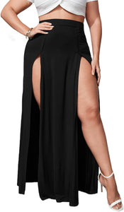 Plus Size Black High Waisted Double Split Long Maxi Skirt