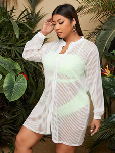Button Down White Sheer Mesh Swimsuit Cover Up