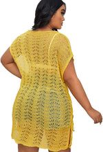 Load image into Gallery viewer, Crochet Mustard Short Sleeve Plus Size Swimwear Cover Ups