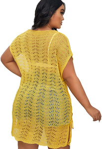 Crochet Mustard Short Sleeve Plus Size Swimwear Cover Ups