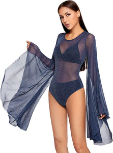 Navy Glittered Heer Mesh Oversize Bell Sleeve Bodysuit