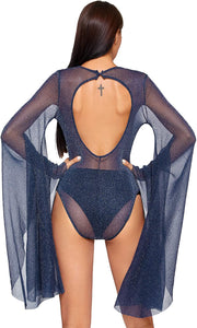 Navy Glittered Heer Mesh Oversize Bell Sleeve Bodysuit