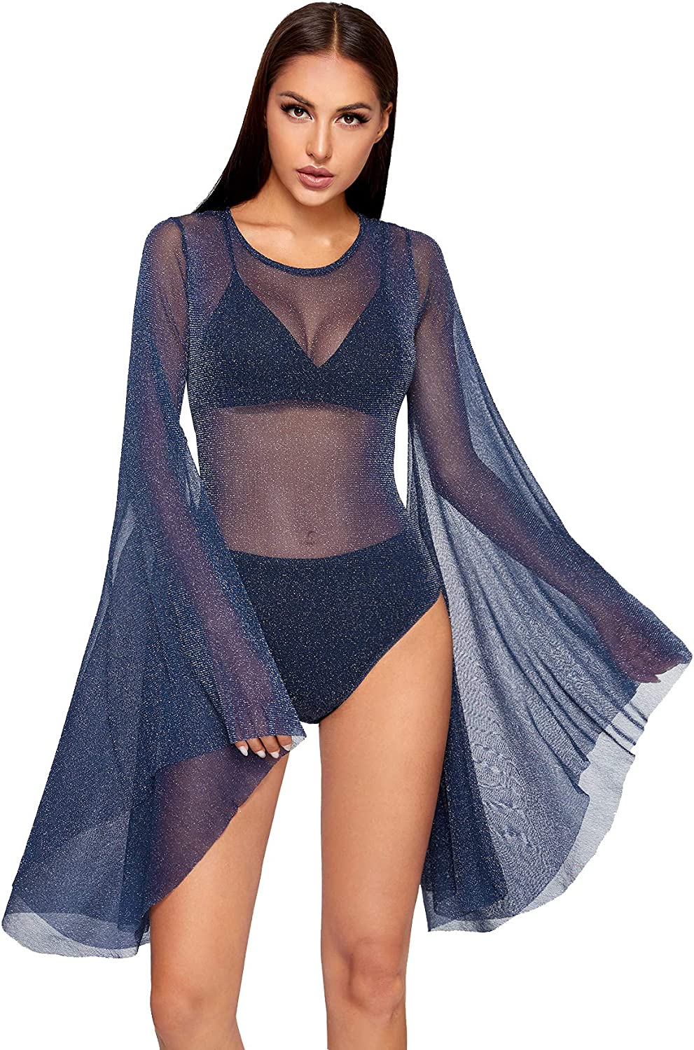 Navy Glittered Heer Mesh Oversize Bell Sleeve Bodysuit