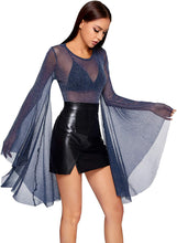 Load image into Gallery viewer, Navy Glittered Heer Mesh Oversize Bell Sleeve Bodysuit