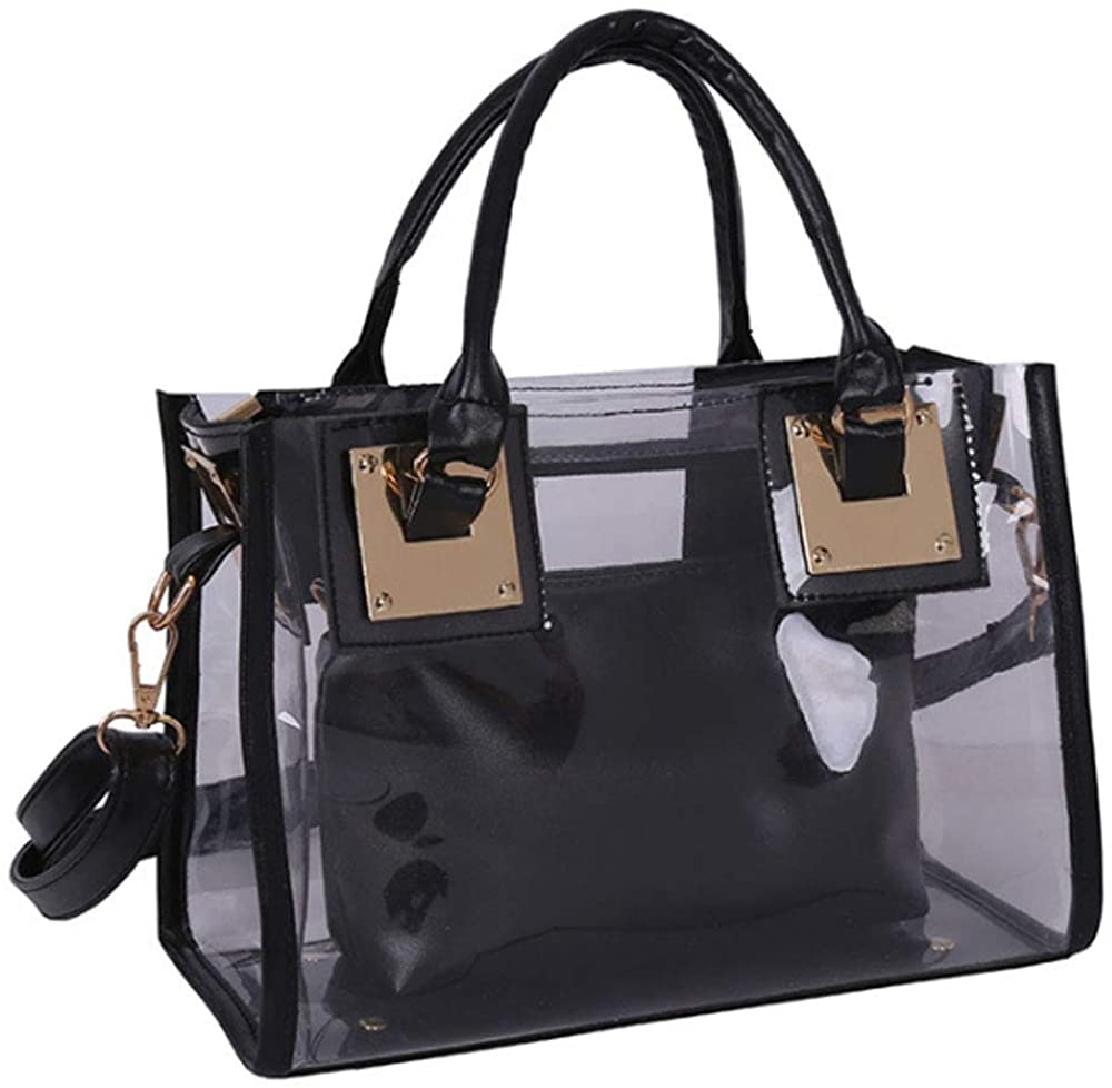Black 2pc Clear PVC Transparent Satchel Handbag Purse
