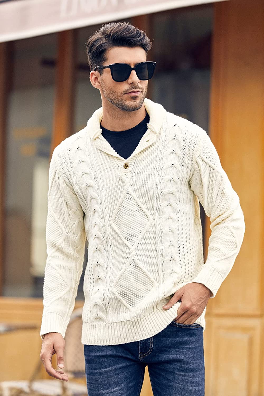 Beige Shawl Collar Chunky Knitted Slim Fit Sweater