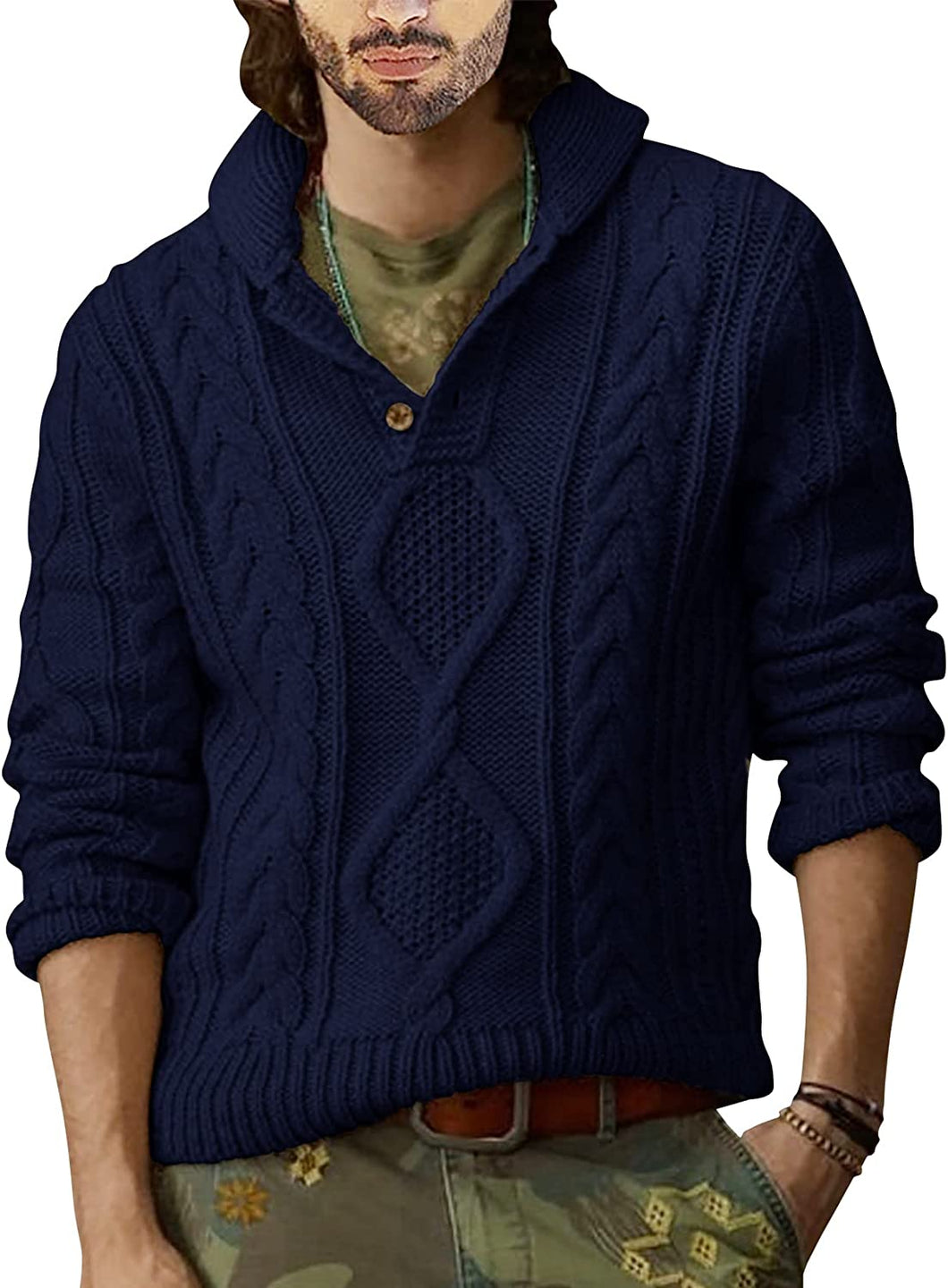 Navy Shawl Collar Chunky Knitted Slim Fit Sweater