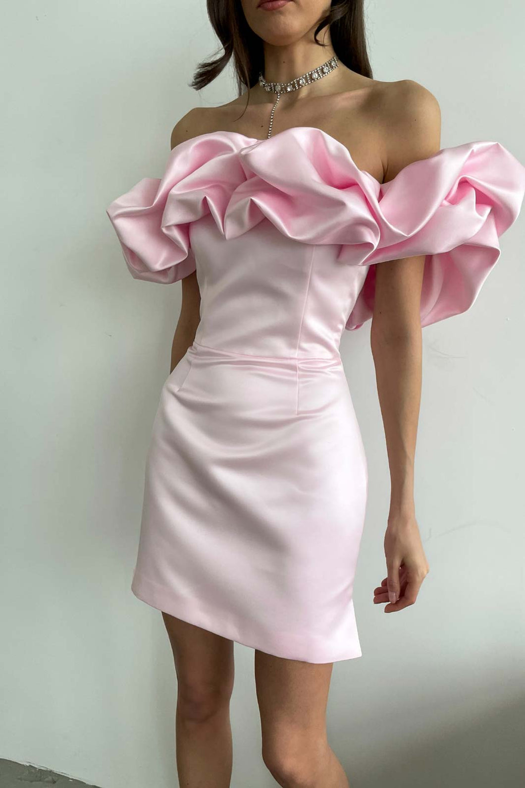 Ruffled Goddess Soft Pink Satin Strapless Mini Dress