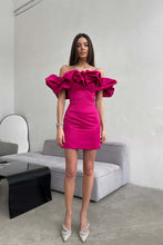 Load image into Gallery viewer, Ruffled Goddess Fuchsia Pink Satin Strapless Mini Dress