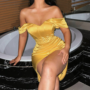 Sophisticated Satin Yellow Sweetheart Off Shoulder Dress