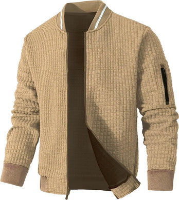 Men's Khaki Waffle Knit Long Sleeve Lightweight Varsity Jacket