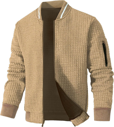 Men's Khaki Waffle Knit Long Sleeve Lightweight Varsity Jacket