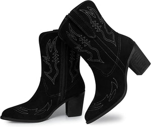 Western Embroidered Black Wide Calf Pointed Toe Cowgirl Boots