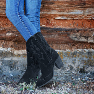Western Embroidered Black Wide Calf Pointed Toe Cowgirl Boots