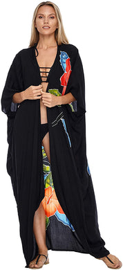 Kimono Long Cardigan Black Floral Open Front Cover Up