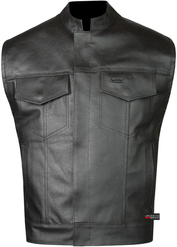 Men's Black Leather Sleeveless Motorcycle Biker Vest