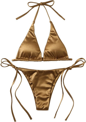 Metallic Halter Top Gold Two Piece Swimsuit