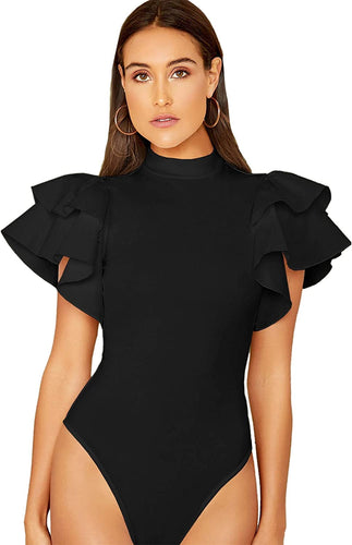 Mock Neck Black Butterfly Sleeve Skinny Bodysuit