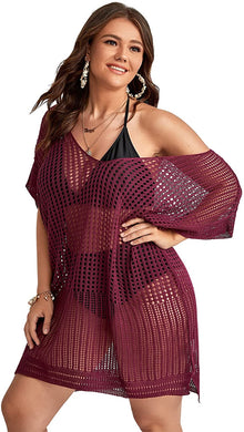 Burgundy Short Sleeve Plus Size Swimsuit Cover Up