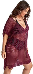 Burgundy Short Sleeve Plus Size Swimsuit Cover Up