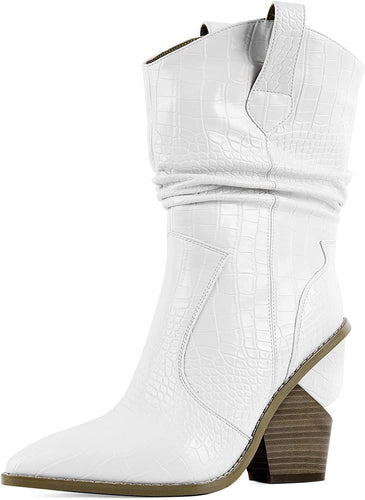 White Stacked Chunky Back Zip High Heel