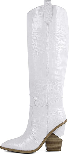 White Thigh High Slip Cowgirl Boots with Pull-Up Tabs