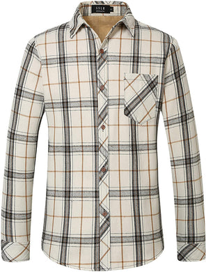 Fleece Lined White Long Sleeve Button Down Flannel Plaid Shirts