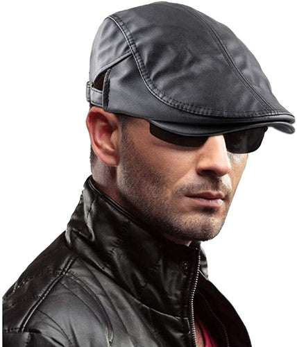 Men's Black PU Leather Classic Newsboy Cap