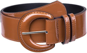Vintage Wide Patent Chunky Buckle Brown High Waist Belt for Women