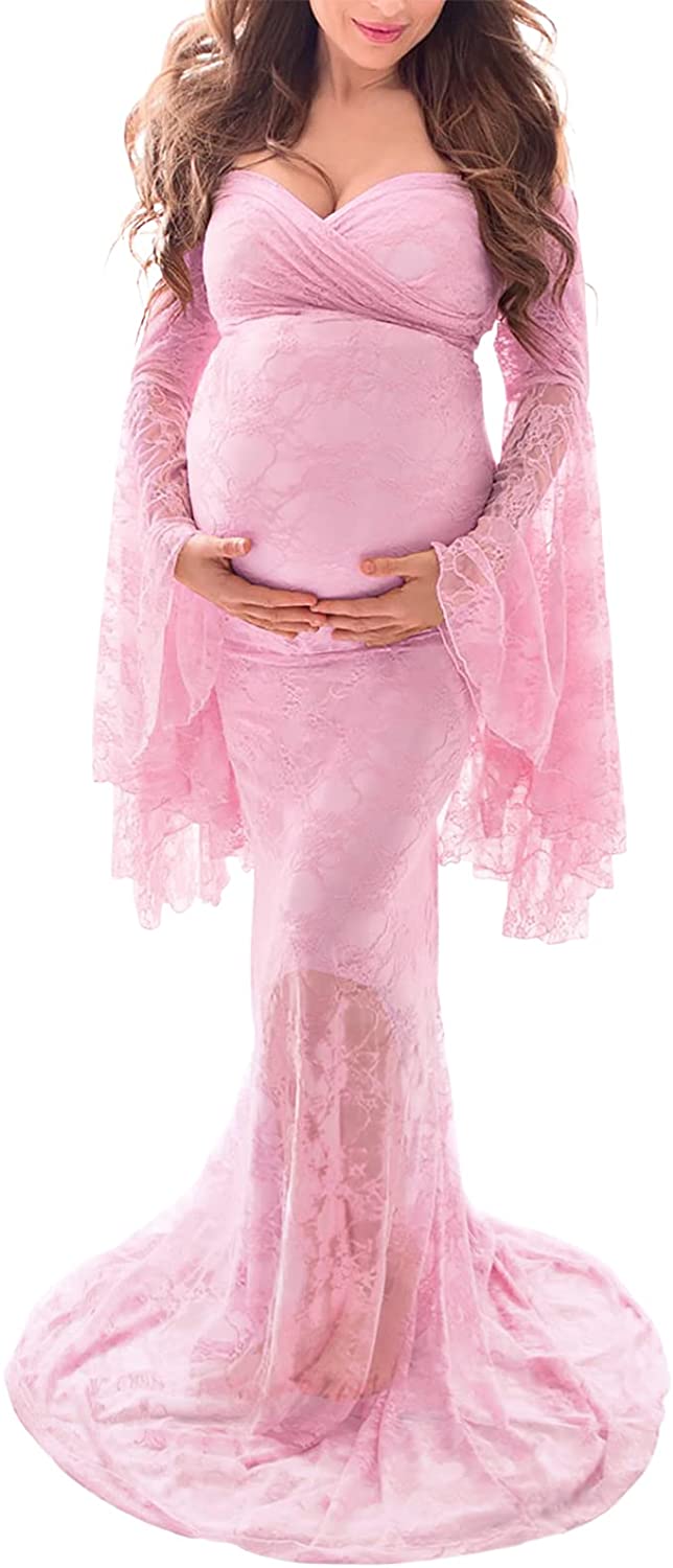 Off Shoulder for Photo Shoot Lace Maternity Pink Maxi Dress