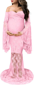 Off Shoulder for Photo Shoot Lace Maternity Pink Maxi Dress