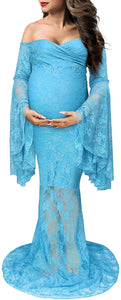Off Shoulder for Photo Shoot Lace Maternity Blue Maxi Dress