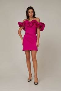 Ruffled Goddess Fuchsia Pink Satin Strapless Mini Dress