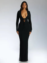 Load image into Gallery viewer, Modern Black Long Sleeve Keyhole Maxi Dress