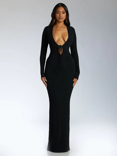 Modern Black Long Sleeve Keyhole Maxi Dress