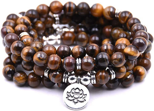 Emma Brown Tiger Eye Natural Beads With Lotus Charm