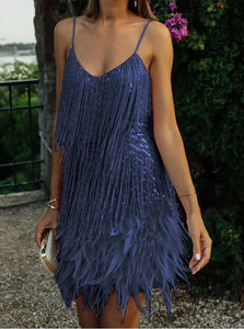 Beautiful Teal Blue Sleeveless Sequined Feathers Fringe Cocktail Mini Dress