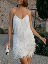 Load image into Gallery viewer, Beautiful Champagne Gold Sleeveless Sequined Feathers Fringe Cocktail Mini Dress