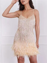 Load image into Gallery viewer, Beautiful Pink Sleeveless Sequined Feathers Fringe Cocktail Mini Dress