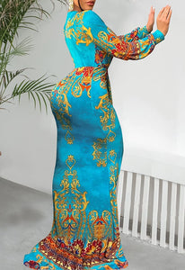 Bohemian Floral V Neck Wrap Long Sleeve Maxi Dress