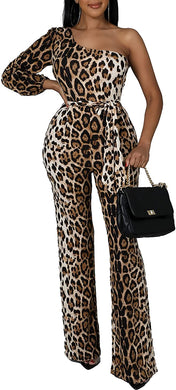 One Slit Shoulder Leopard Print Wide Leg Jumpsuits