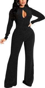 Halter Black Hollow Out Long Sleeve Sparkly Jumpsuits