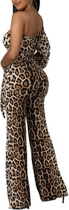 One Slit Shoulder Leopard Print Wide Leg Jumpsuits