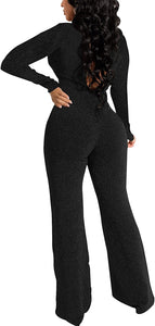 Halter Black Hollow Out Long Sleeve Sparkly Jumpsuits