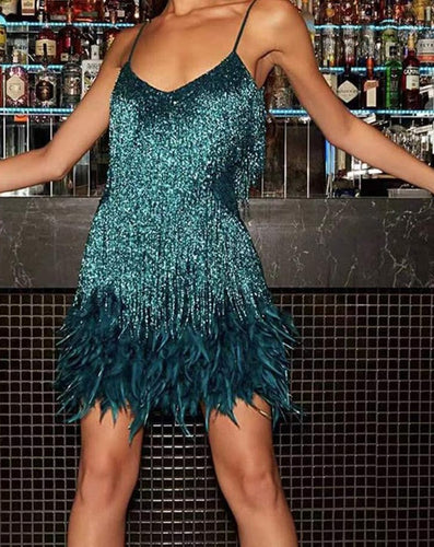 Beautiful Teal Blue Sleeveless Sequined Feathers Fringe Cocktail Mini Dress