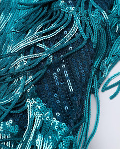 Beautiful Teal Blue Sleeveless Sequined Feathers Fringe Cocktail Mini Dress