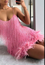 Load image into Gallery viewer, Beautiful Champagne Gold Sleeveless Sequined Feathers Fringe Cocktail Mini Dress