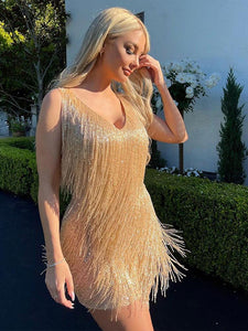 Beautiful Champagne Gold Sleeveless Sequined Feathers Fringe Cocktail Mini Dress